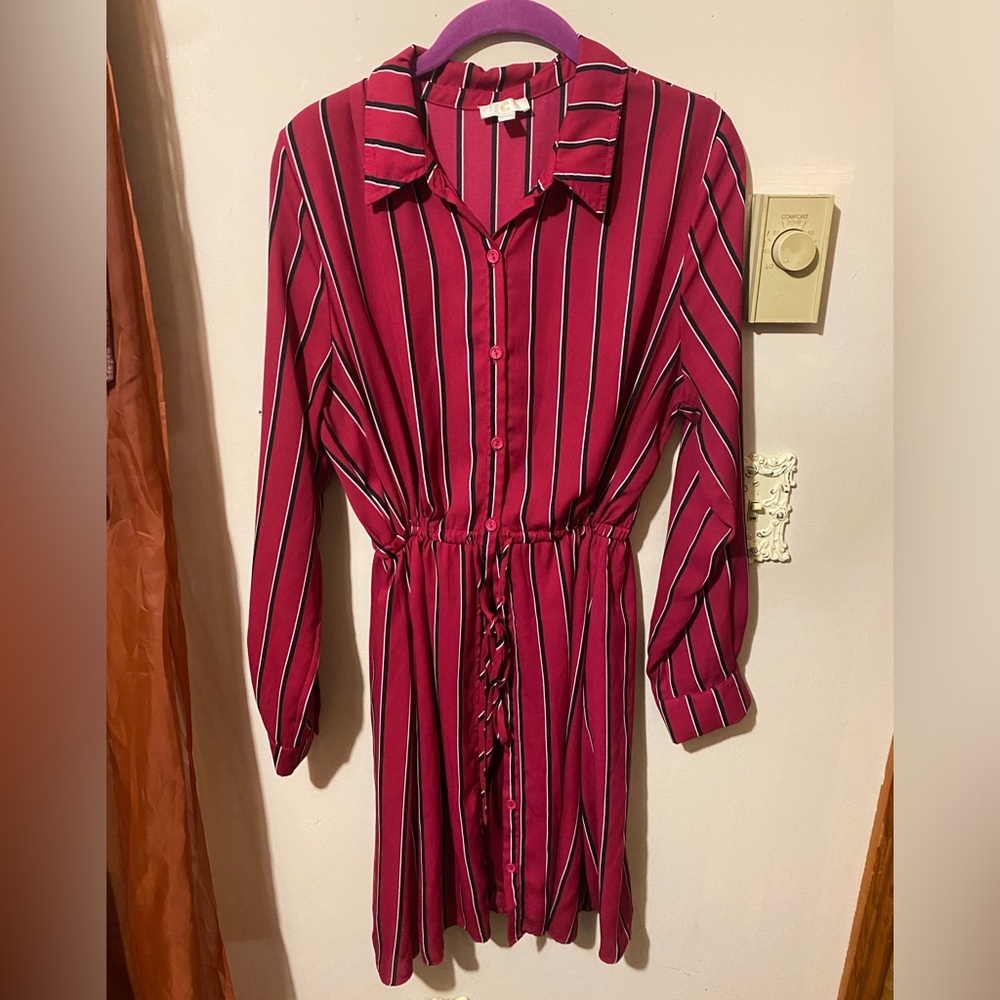 Dark pink, pinstripe, adjustable waist string, buttons down the front